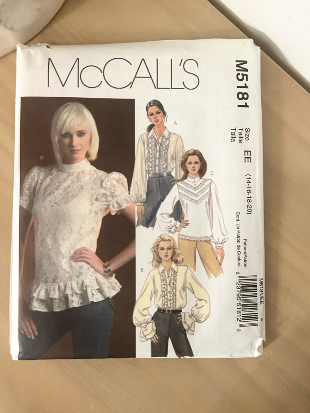 McCall’s M5181 Misses Shirts & Blouses Sewing Pattern Size EE 14–20